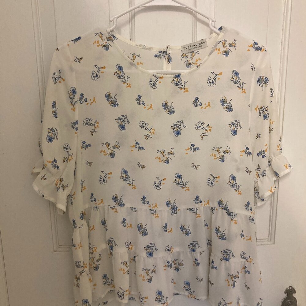 Paper Crane Chiffon Sheer White Yellow and Blue Floral Blouse